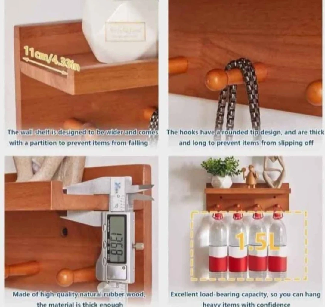 Wooden Wall Shelf with Hooks - photo 4