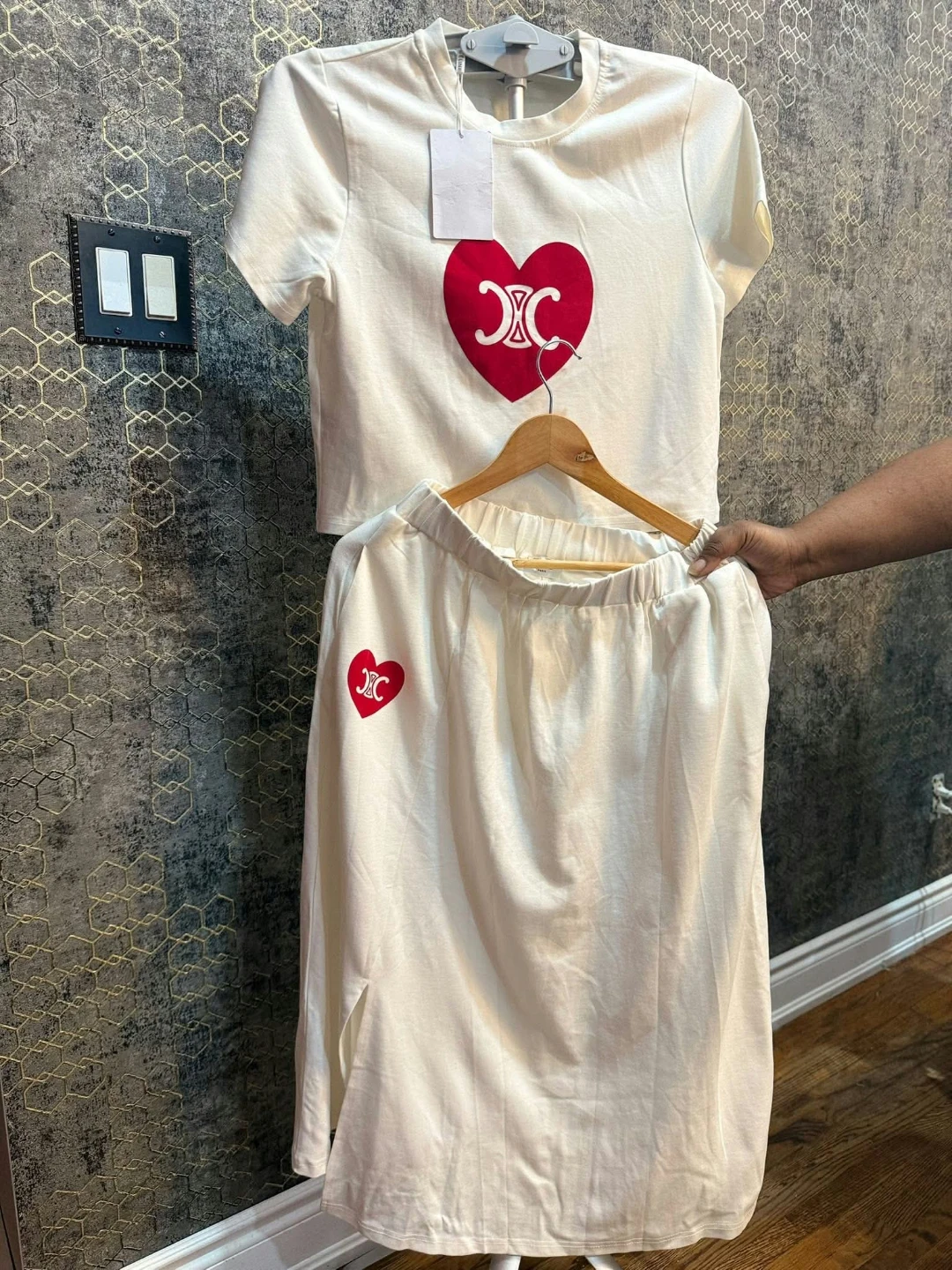 Celine Heart Logo T-Shirt and Skirt Set