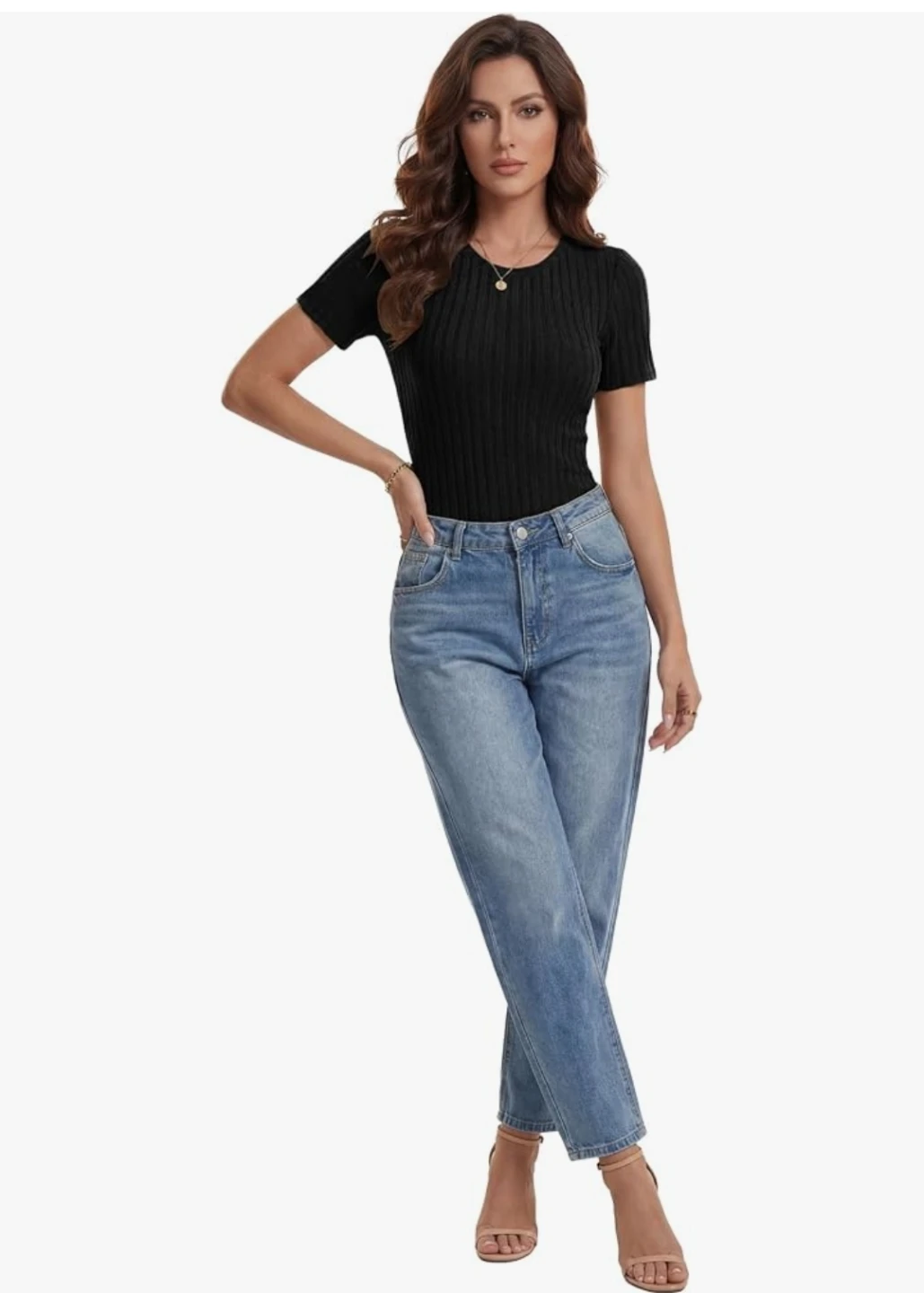 Small Rooscier Women's Ribbed Knit Crew Neck Short Sleeve Slim - photo 4
