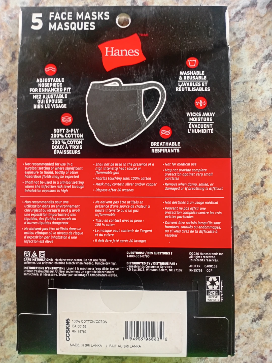 Hanes 5-Pack Black Cotton Face Masks - photo 3