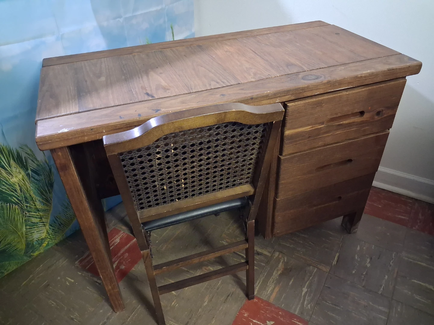 Natural Rustic Wooden Desk with Three Drawers