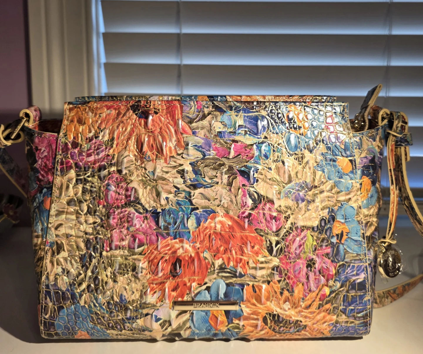 Brahmin floral crocodile embossed leather handbag