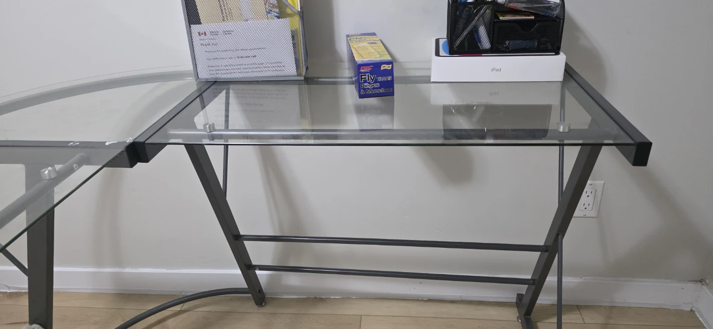 L-Shaped Glass Desk with Metal Frame
