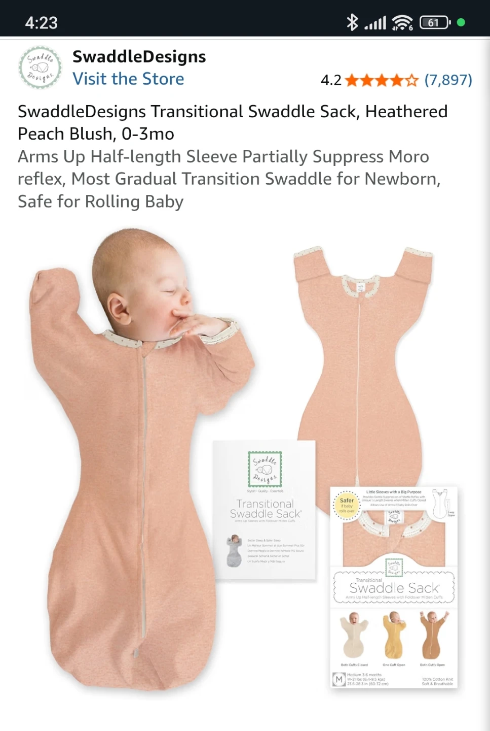 SwaddleDesigns Transitional Swaddle Sack - Peach Blush - 0-3mo