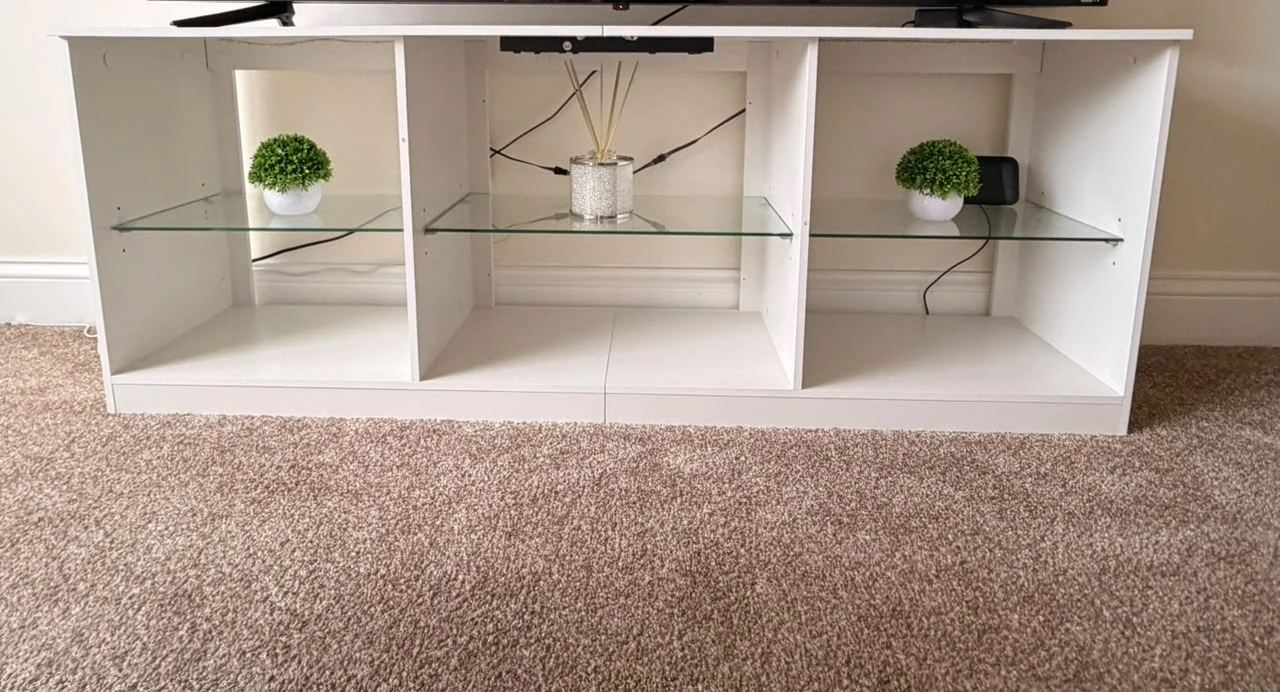 White Media Console with Glass Shelves