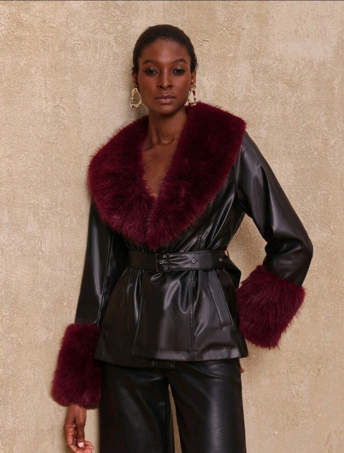 Black Faux Leather Jacket with Burgundy Faux Fur Trim - photo 2