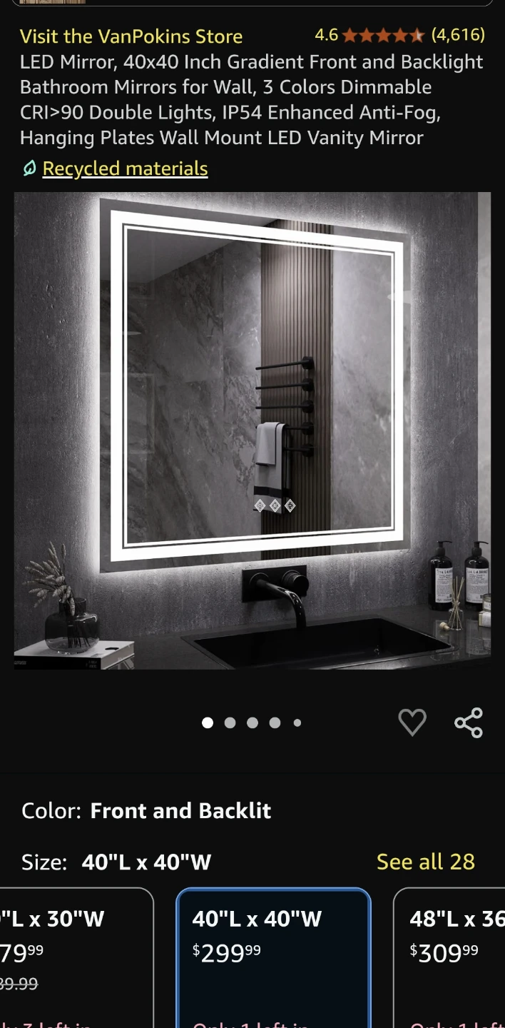 VanPokins 40x40 inch LED Bathroom Mirror (Check all pictures
