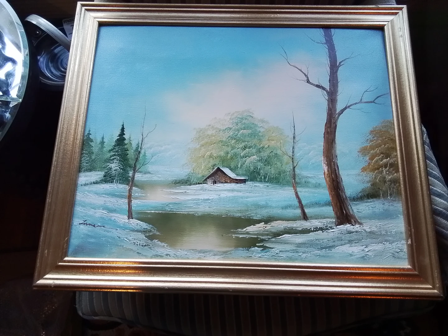 Vintage Winter Cabin Landscape Oil Painting, Signed Zimer