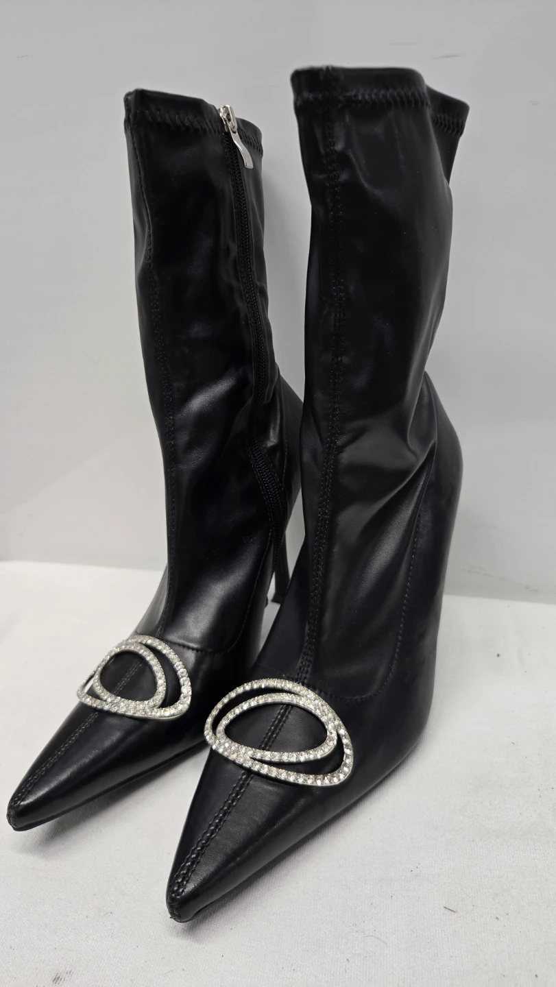 Fashion Nova Bouncy Black Pointed Stiletto Mid-Calf Rhinestone