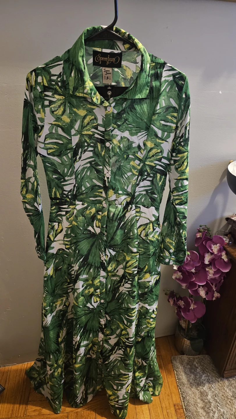 Spoon Jeans Green Tropical Leaf Print Shirt Dress