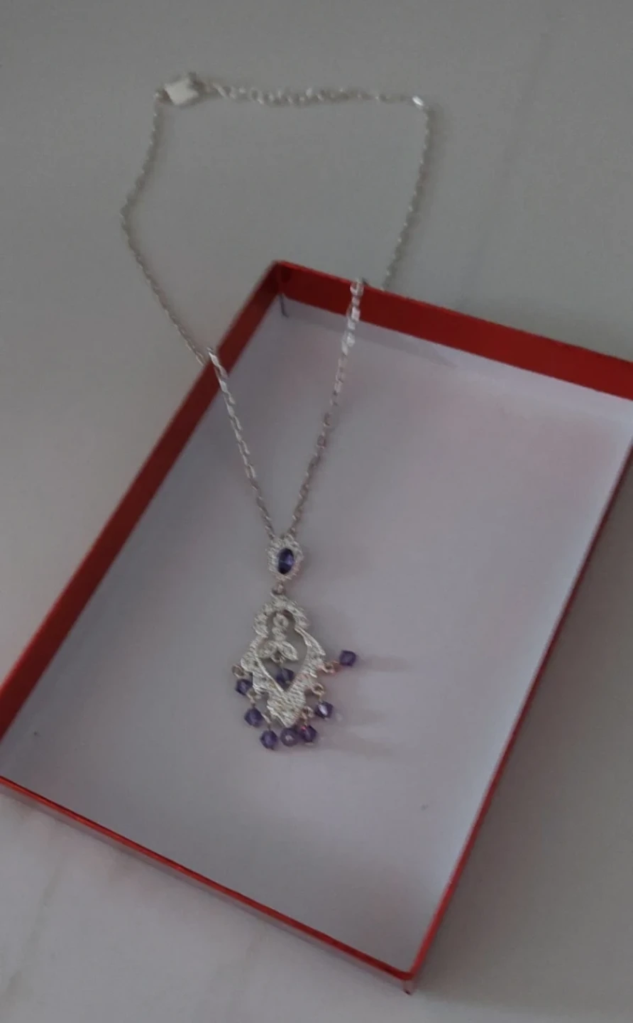 Silver-Tone Pendant Necklace with Purple Accents
