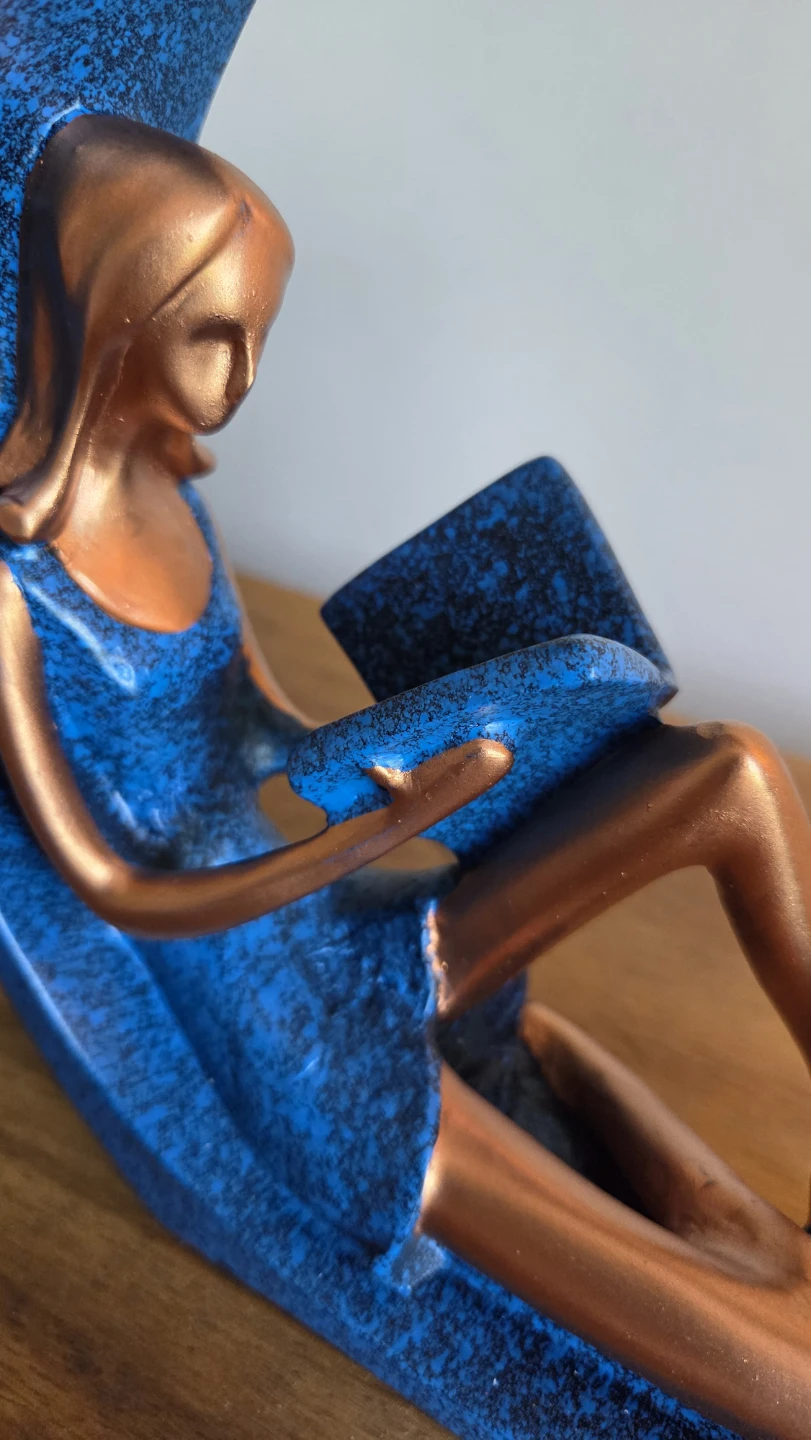 Smart Reading Woman Sculpture – Blue & Copper Figurine *new - photo 3