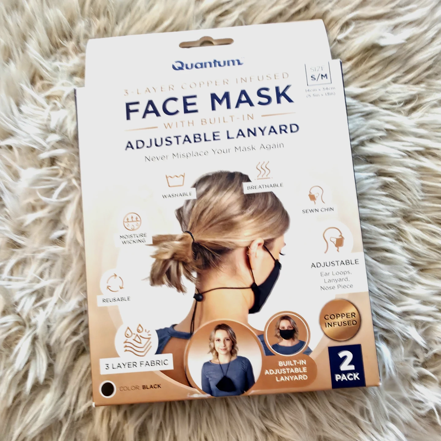Quantum 3-Layer Copper Infused Face Mask (S/M), Black, 2 Pack