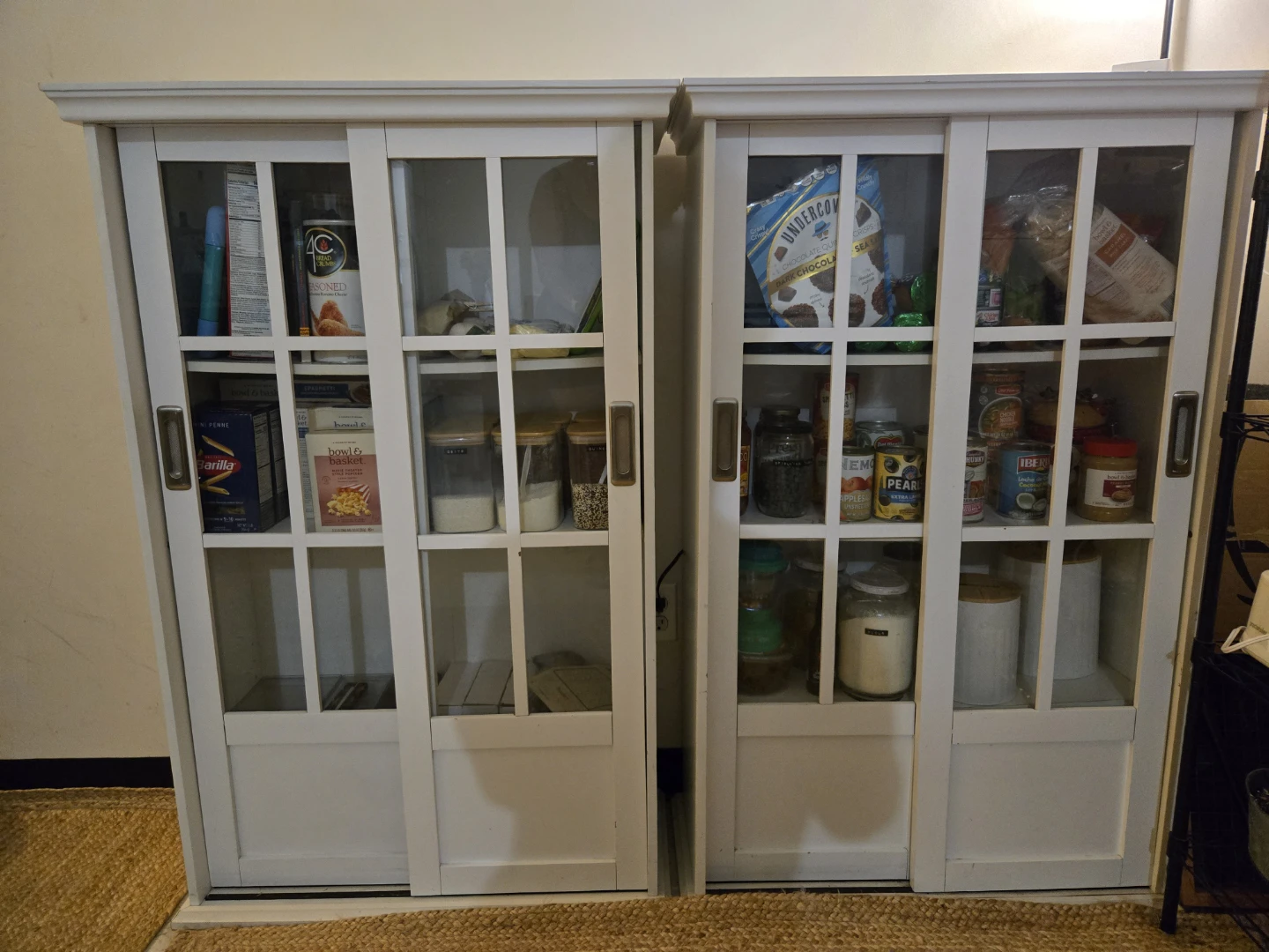 Set of Two White Glass-Door Cabinets