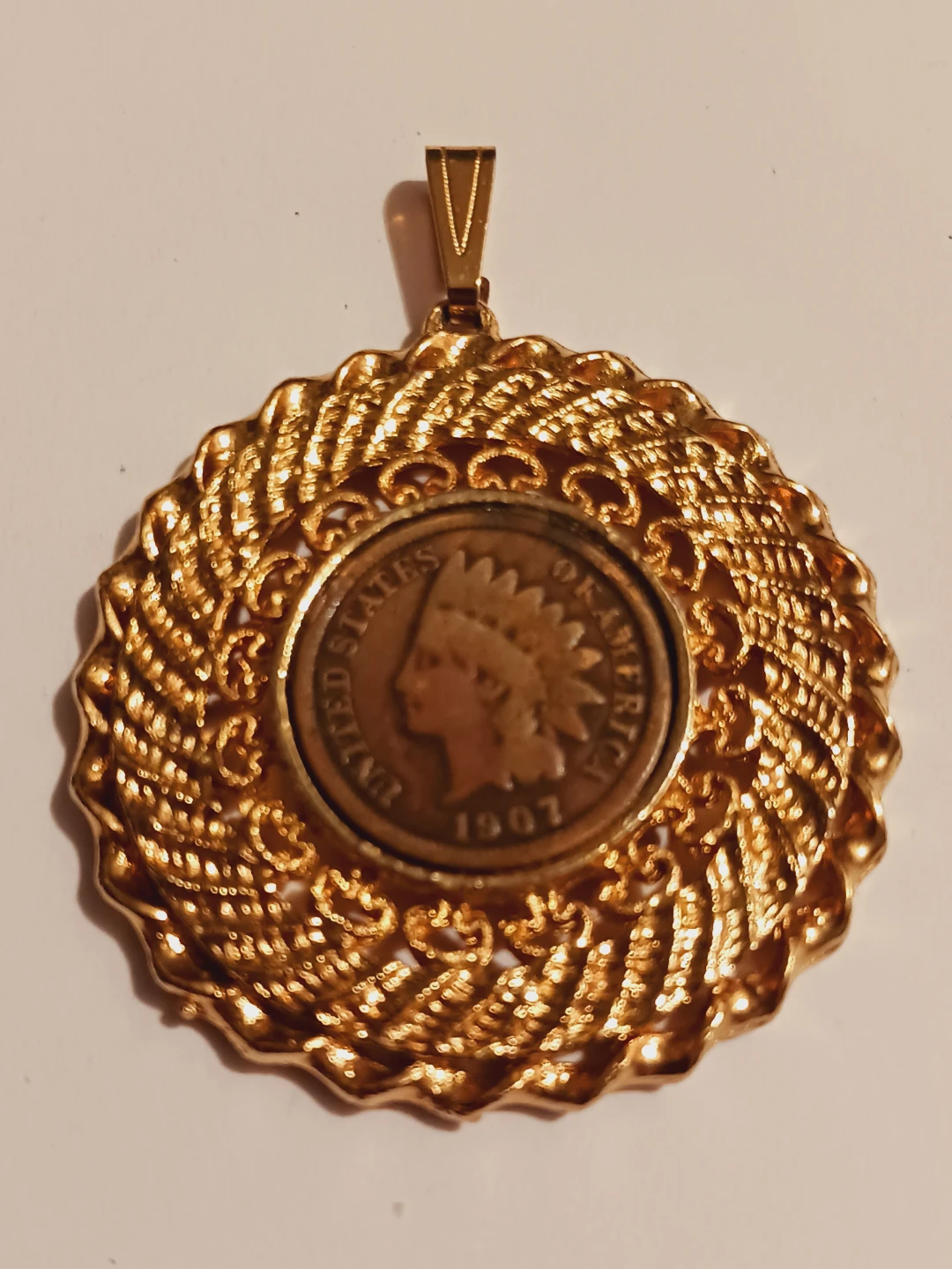1907 Indian Head Penny Gold Plated Pendant