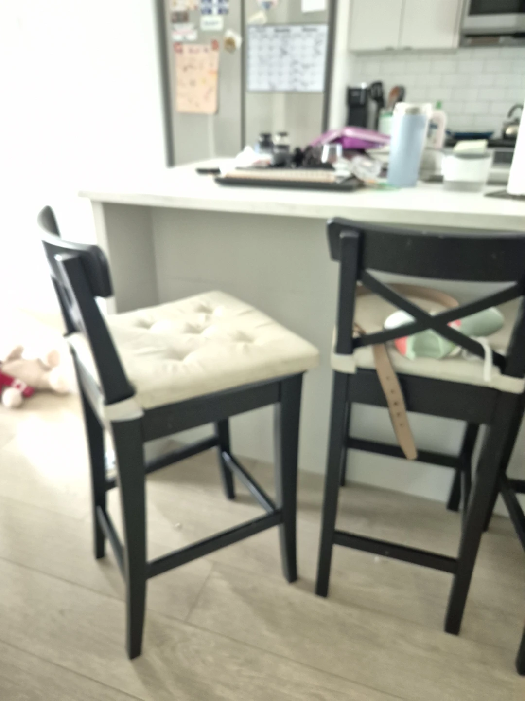 Set of 4 Black Bar Stools with Cream Cushions