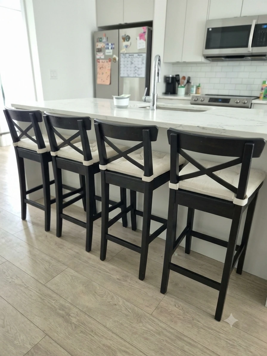 Set of 4 Black Bar Stools with Cream Cushions - photo 2