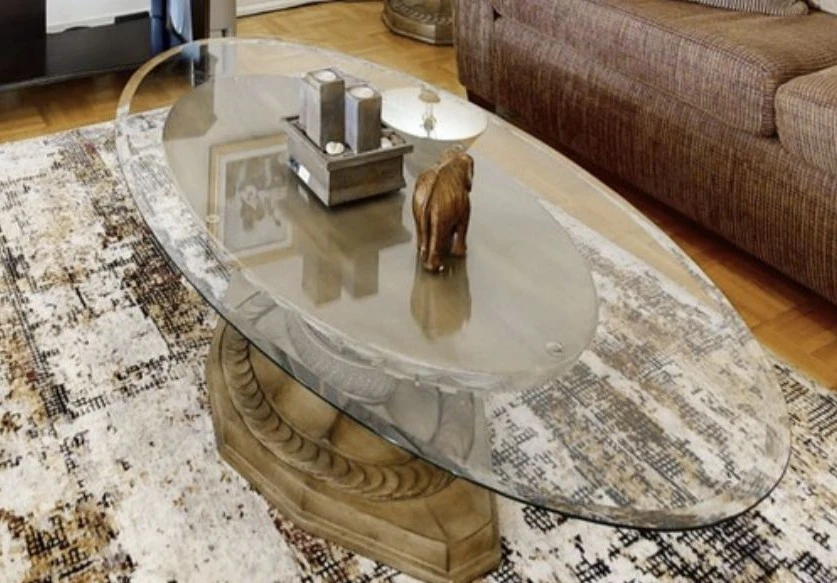 Oval Glass Coffee Table with Wood Base