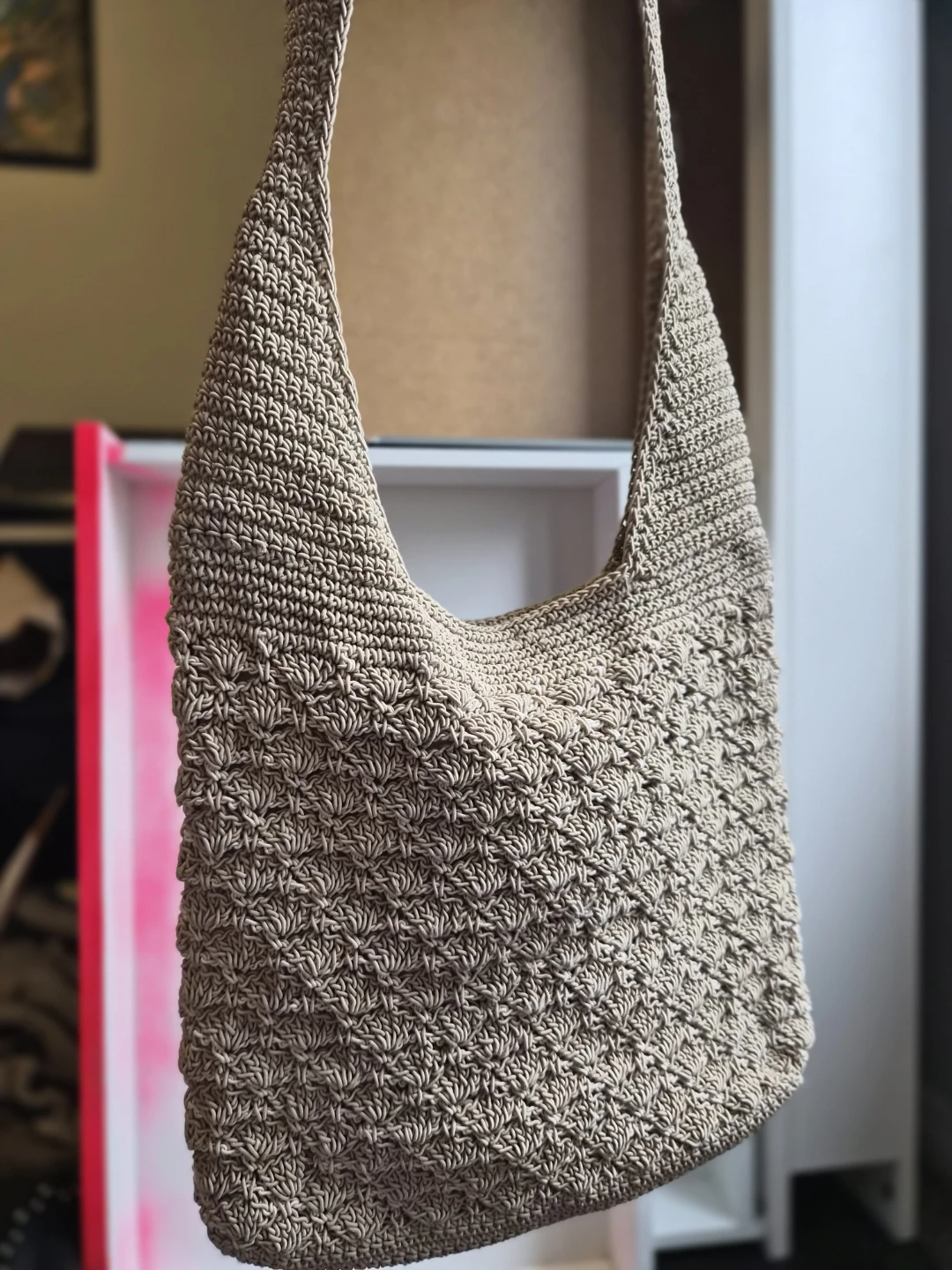Vintage Crochet Shoulder Bag – Taupe Boho Purse