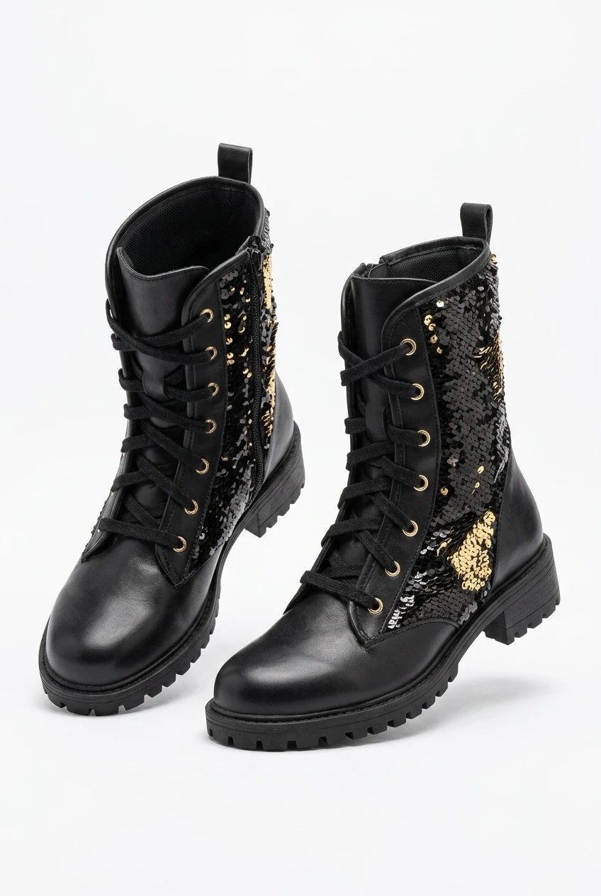 Zara Black Sequined Combat Boots