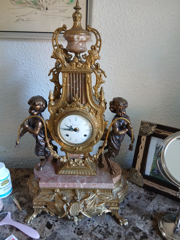 Set of Vintage Imperial Brass and Marble Clock Set