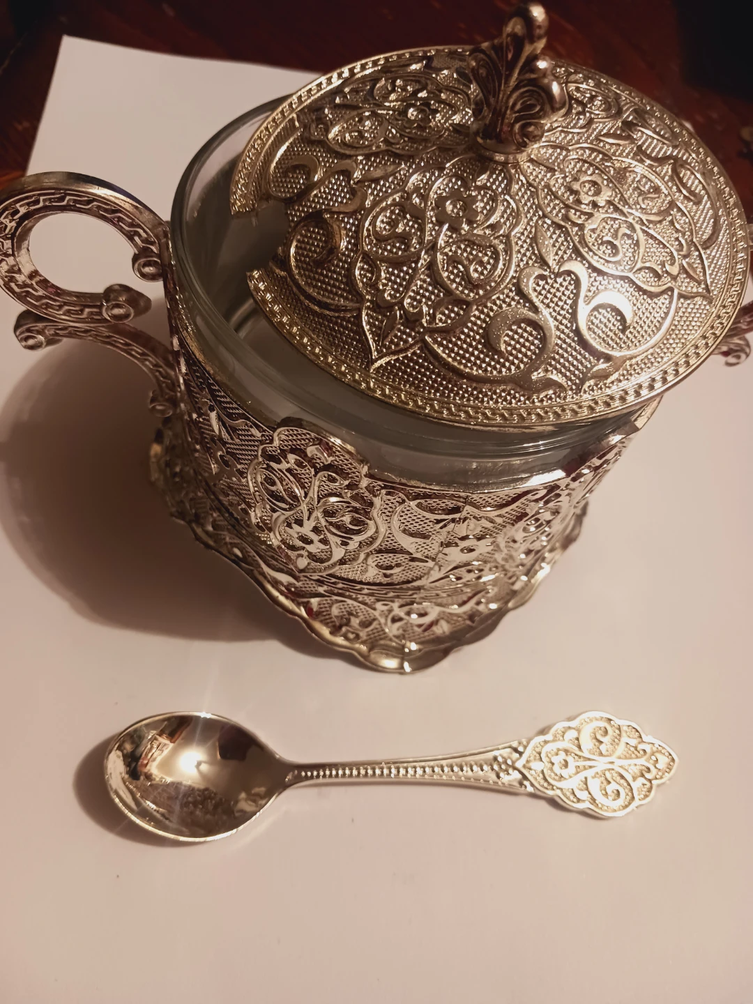 New !!  Silver-Tone Sugar Bowl with Spoon - photo 2