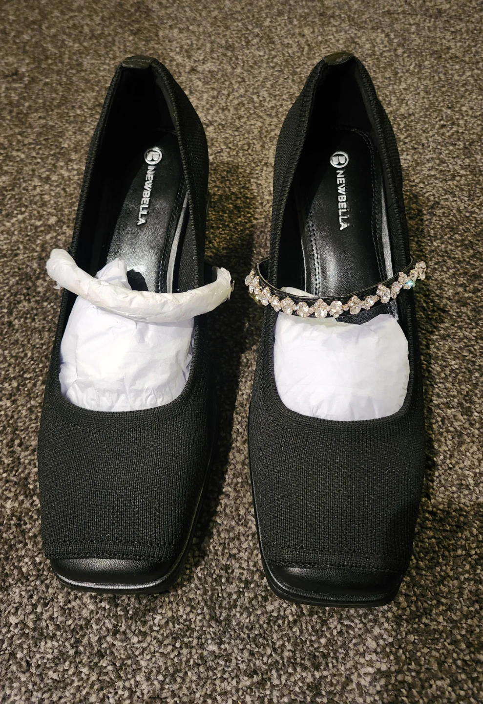 Newbella Black Crystal Strap Pumps 🏈