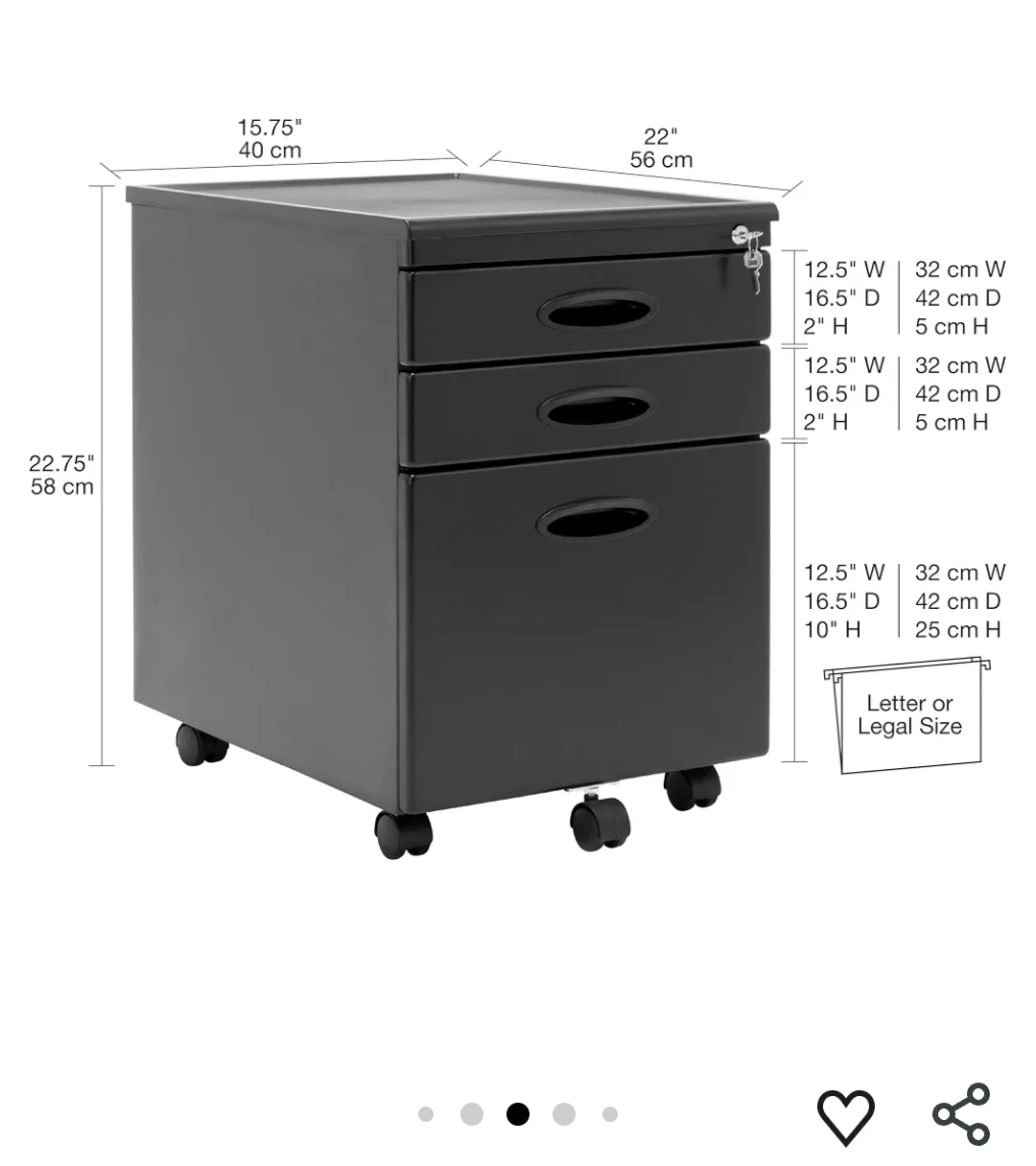 Mobile 3-Drawer Filing Cabinet with lock - photo 3