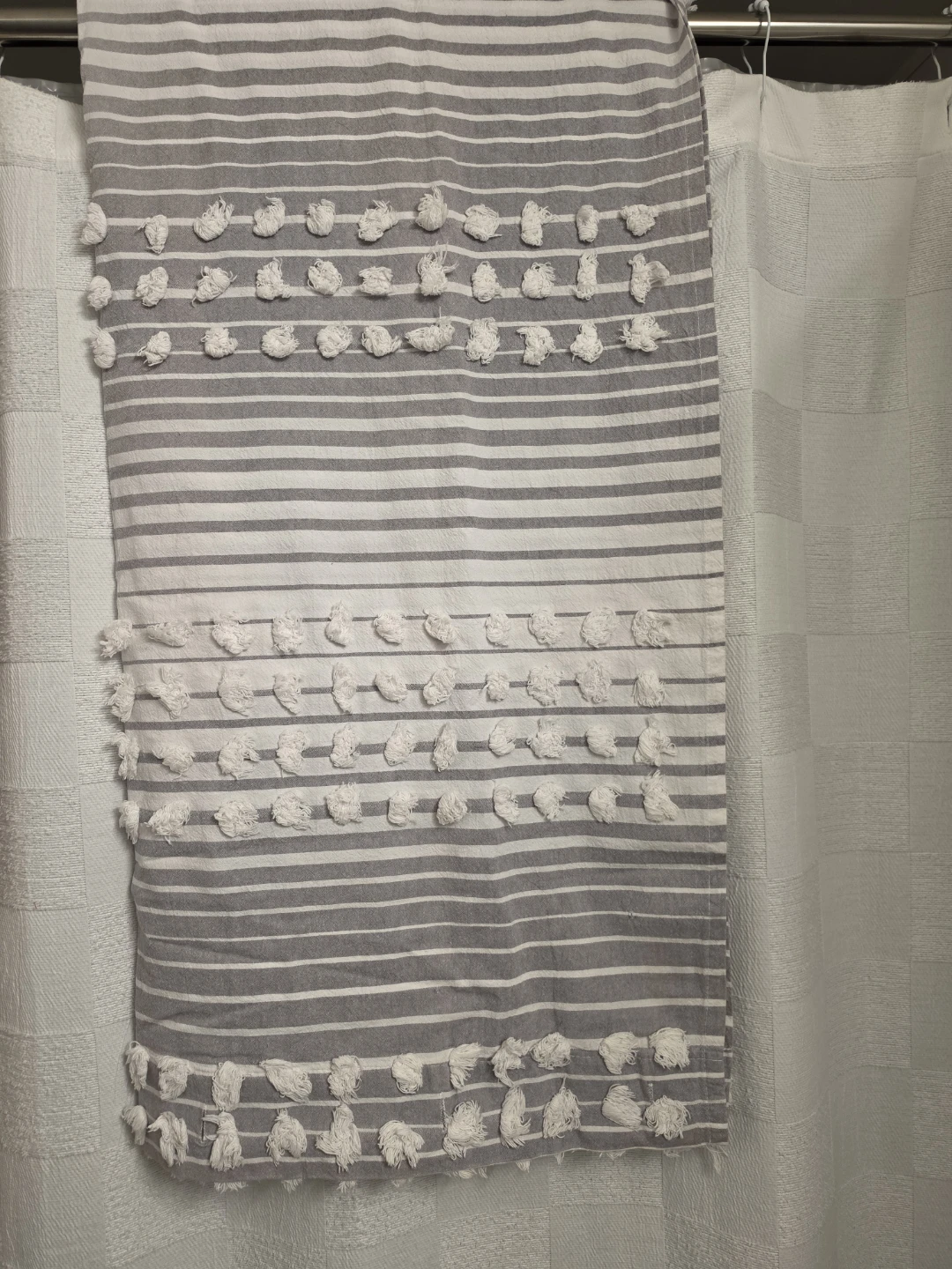 Grey and White Striped Tufted Shower Curtain
