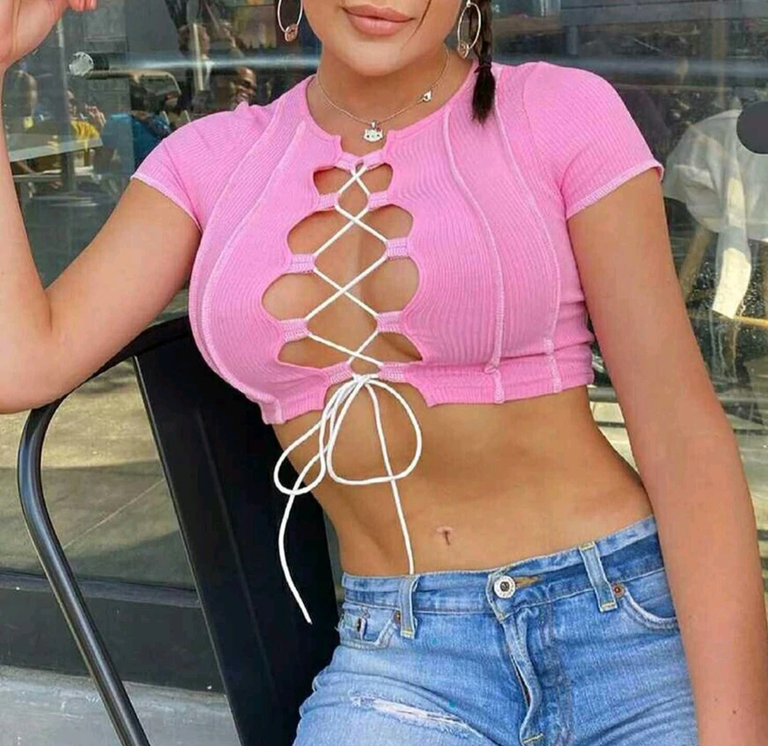 NEW! Pretty Pink & White Lace Up Crop Top