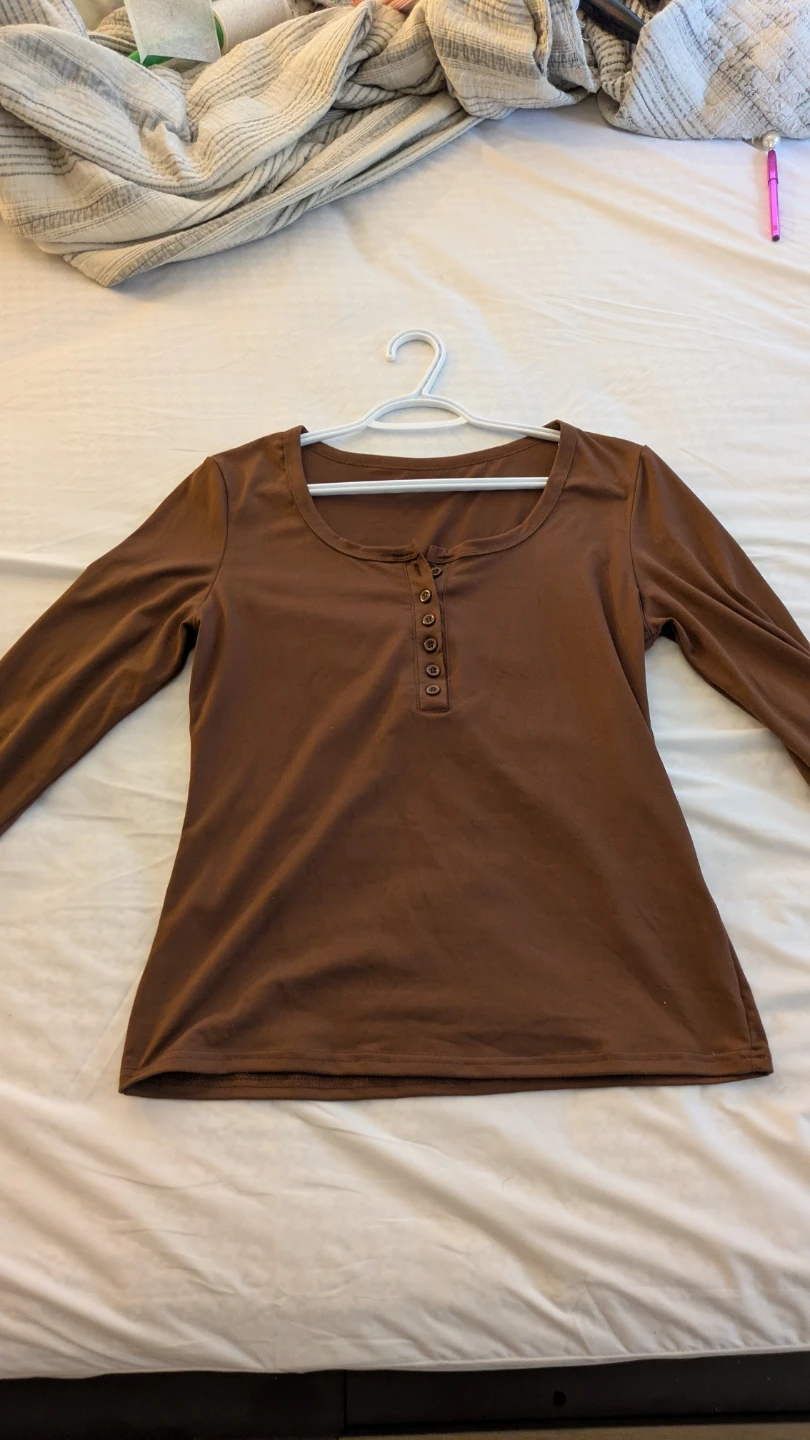 SHEIN Brown Long-Sleeve Henley Top - Size Large