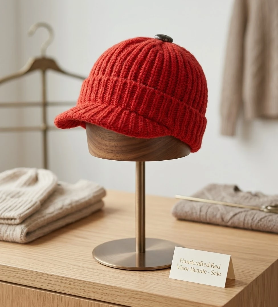 pure wool  Red Visor Beanie