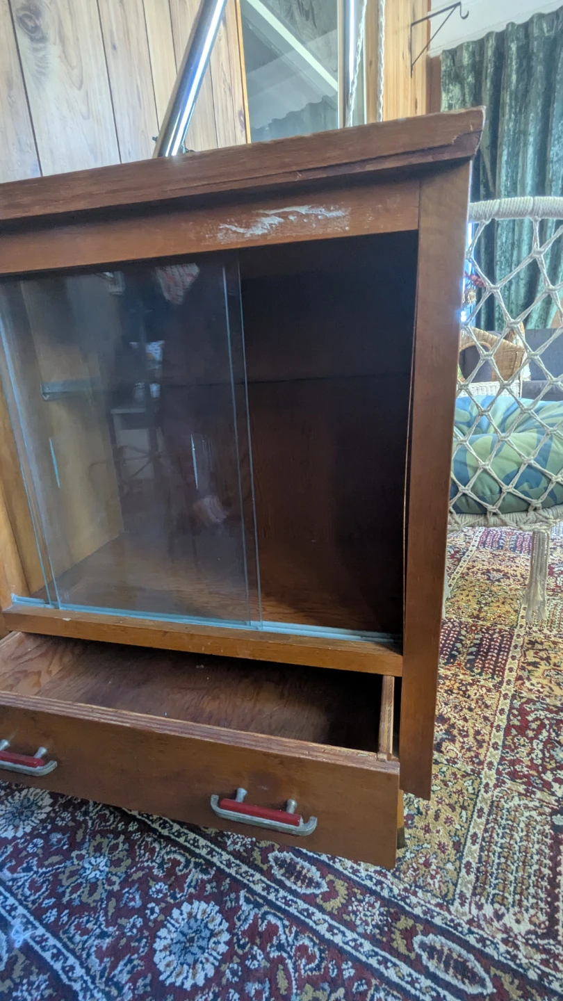 Vintage Mid-Century Wood Cabinet with Glass Doors - photo 4