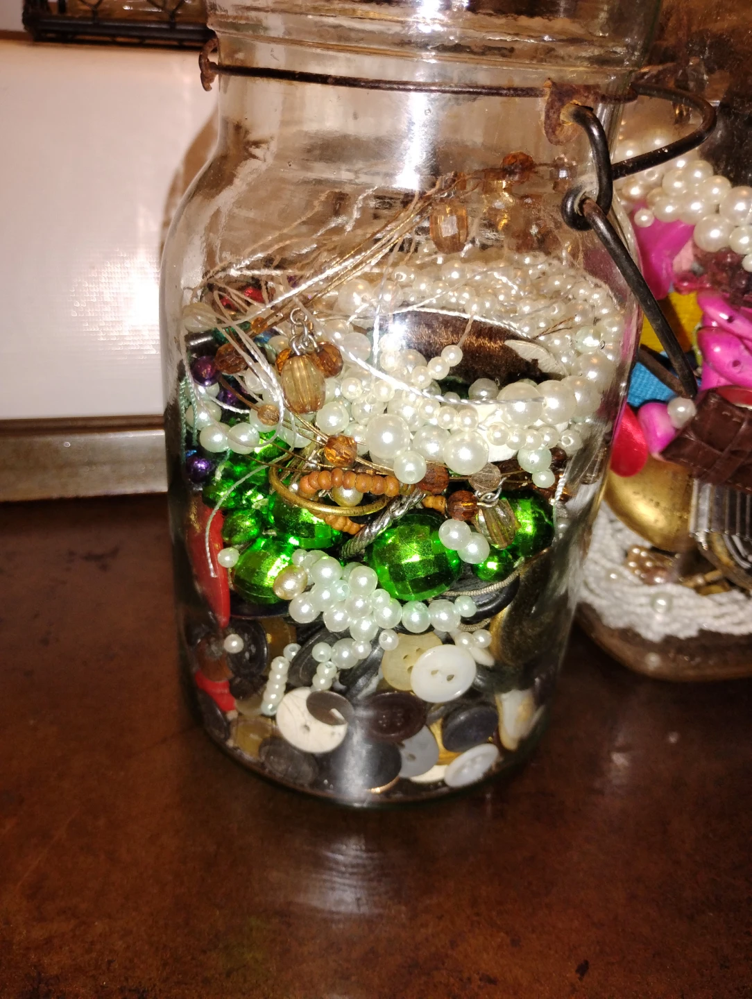 Two Vintage Glass Jars with Jewelry n Assorted Craft Supplies - photo 2