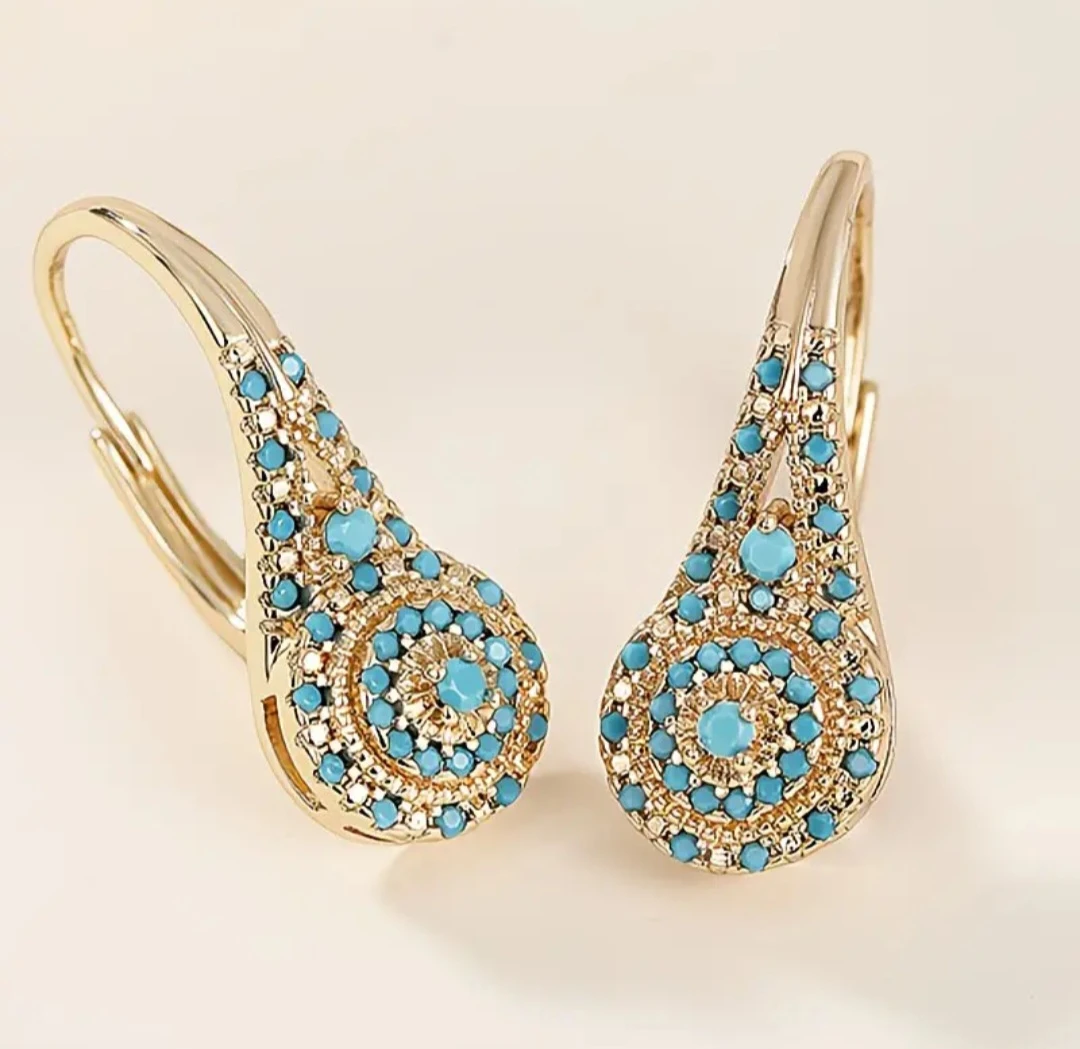 Gold-tone drop earrings with blue stone inlay - photo 2