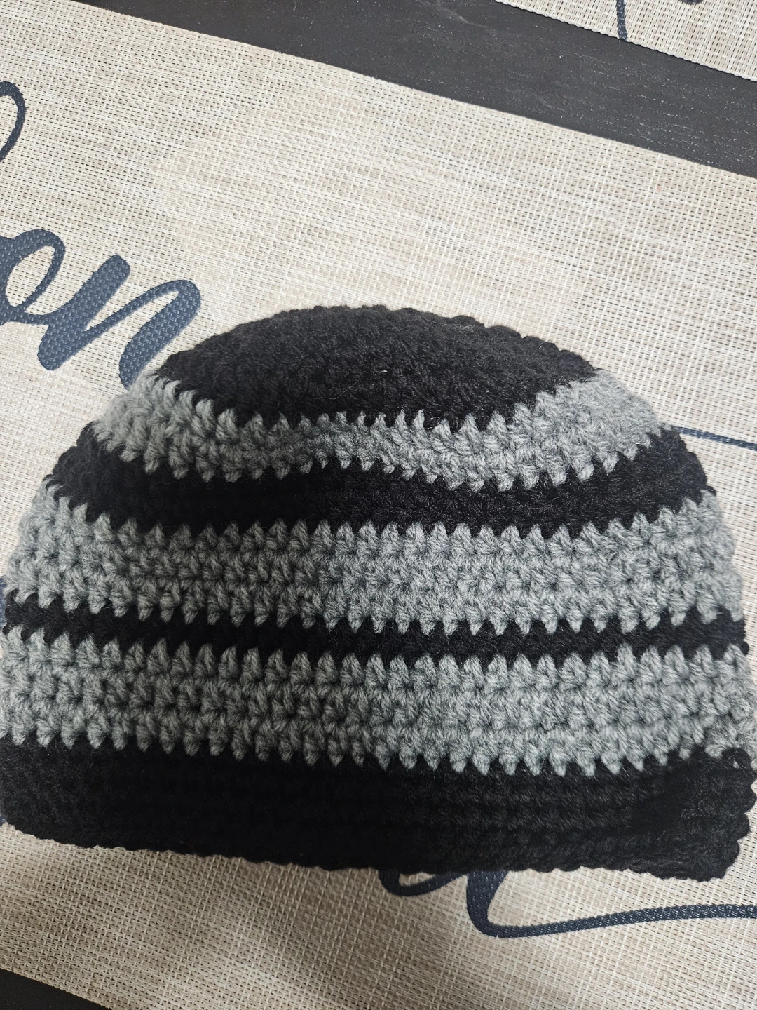 Handmade striped black and grey beanie