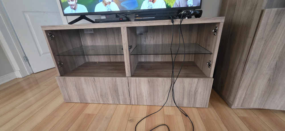 Wood Grain TV Stand and Matching Display Cabinet