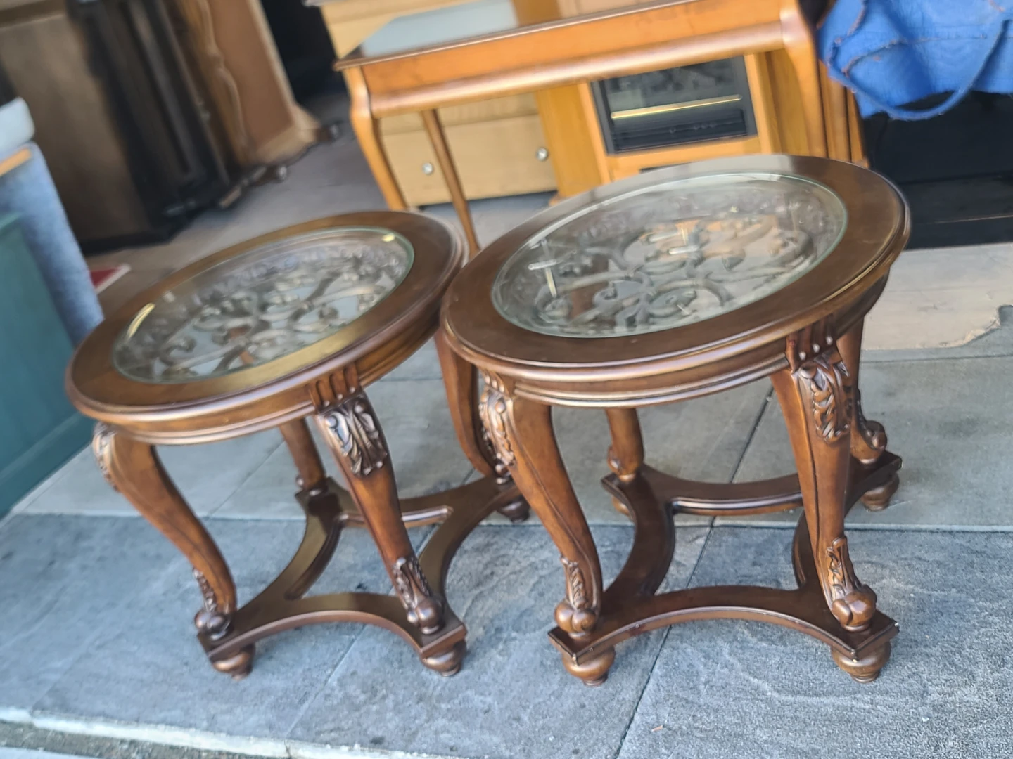 Pair of Ornate Traditional Wood & Glass End Tables