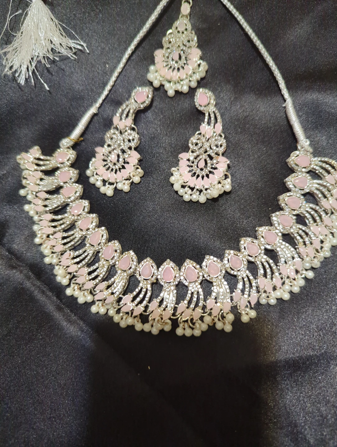 Pink and Silver Tone Necklace and Earring Set