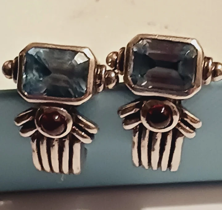 Sterling Silver 925 Blue Topaz and Garnet Gemstones Earrings