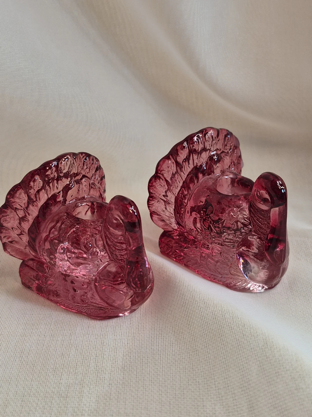 Pair of Vintage Crystal Pink Turkey Mini Candle Holders