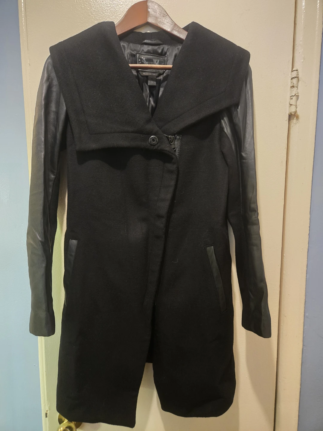 Danier Black Wool Coat with Leather Sleeves