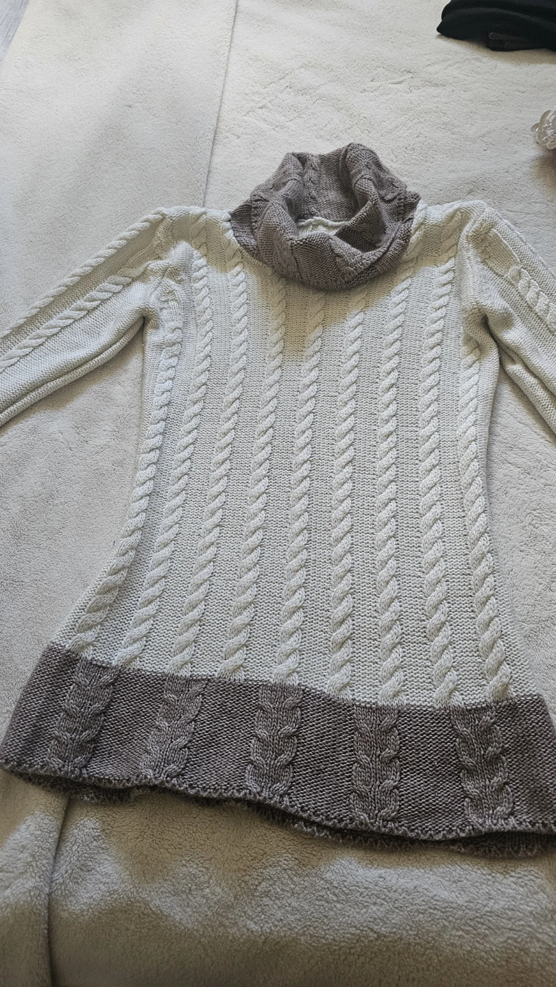 Cream and Brown Cable Knit Cowl Neck Sweater - photo 2
