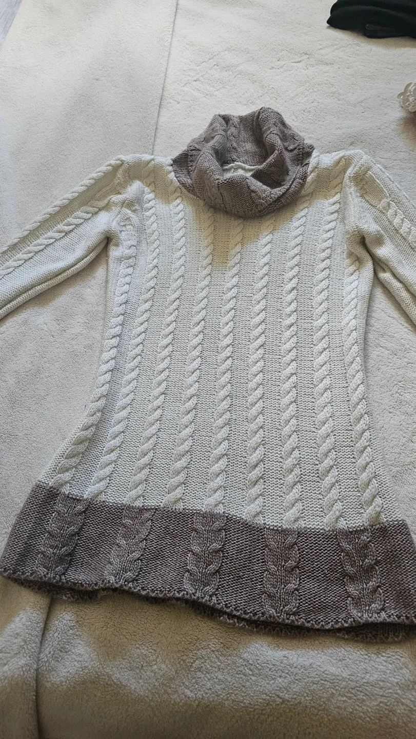 Cream and Brown Cable Knit Cowl Neck Sweater - photo 2