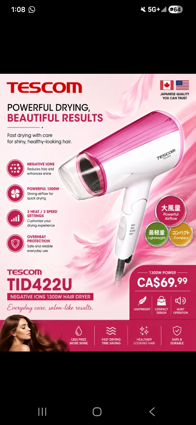 Tescom TID422U Negative Ion Hair Dryer