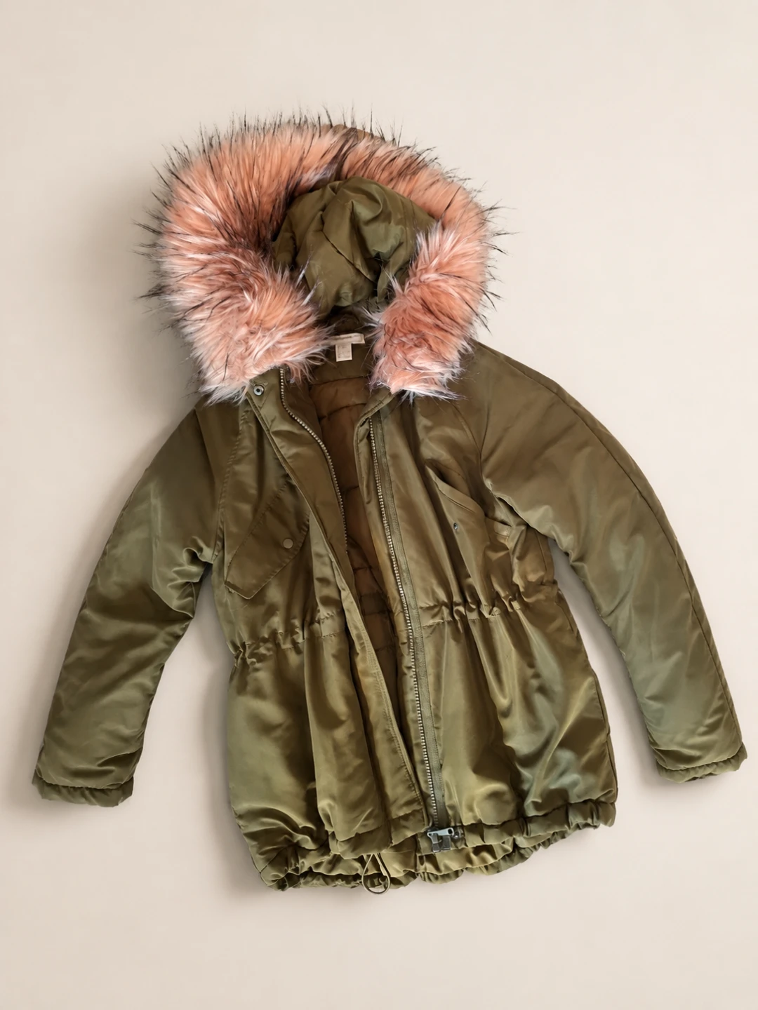 Olive Green Winter Jacket with Faux Fur Hood
