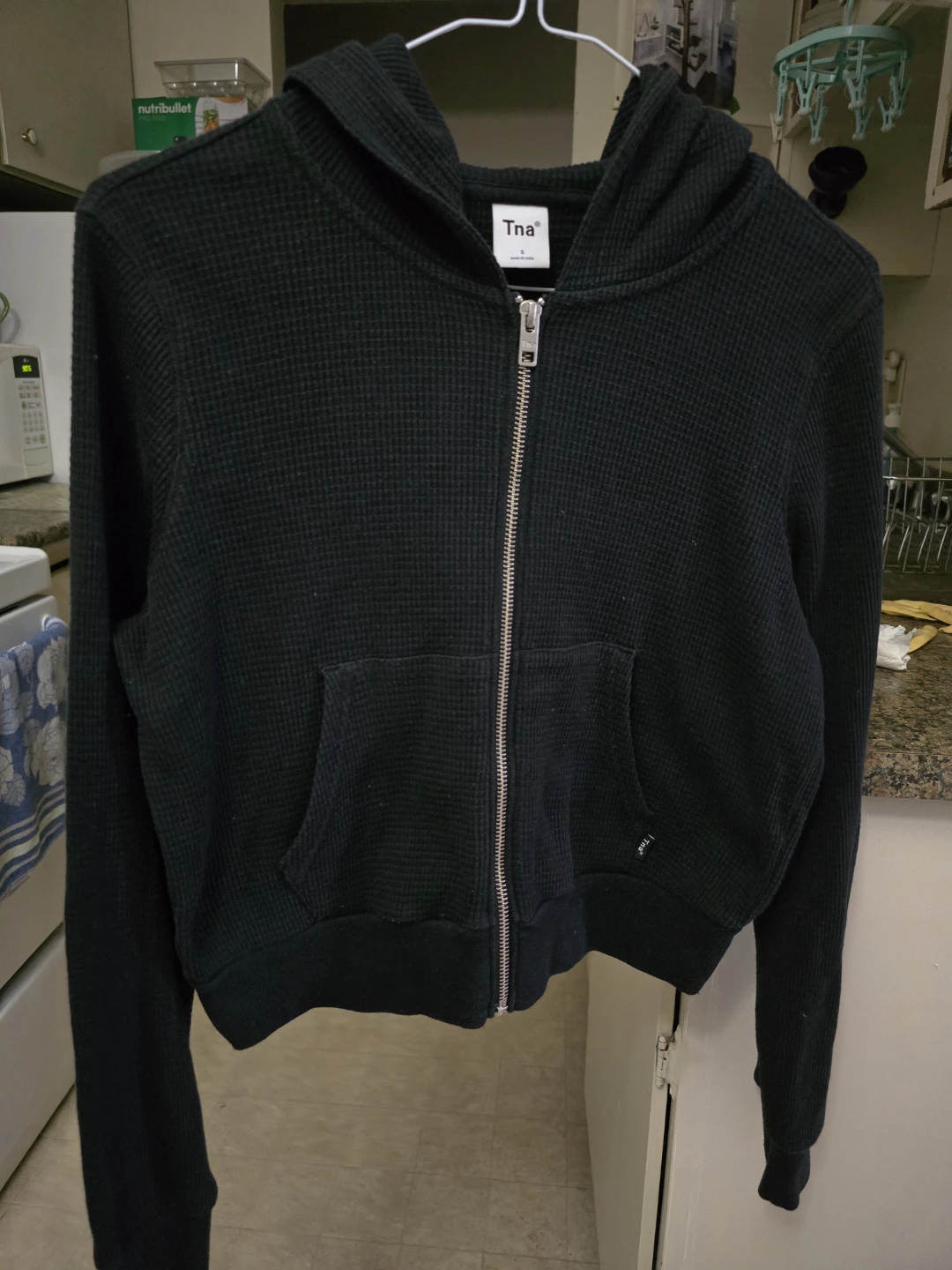 Tna Black Waffle Knit Zip-Up Hoodie