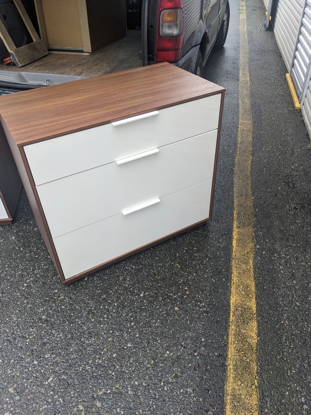 Three-Drawer Walnut and White Dresser