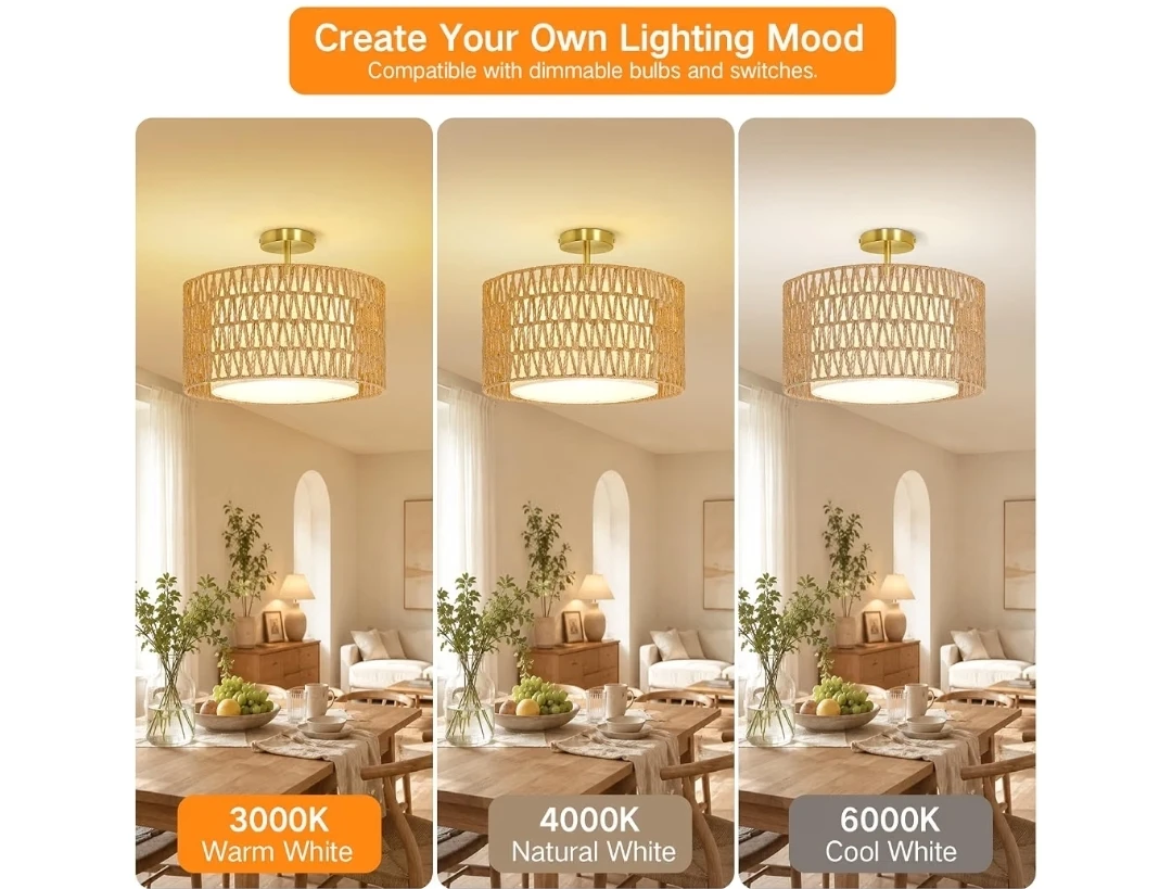 Boho Rattan Semi Flush Mount Ceiling Light - photo 2