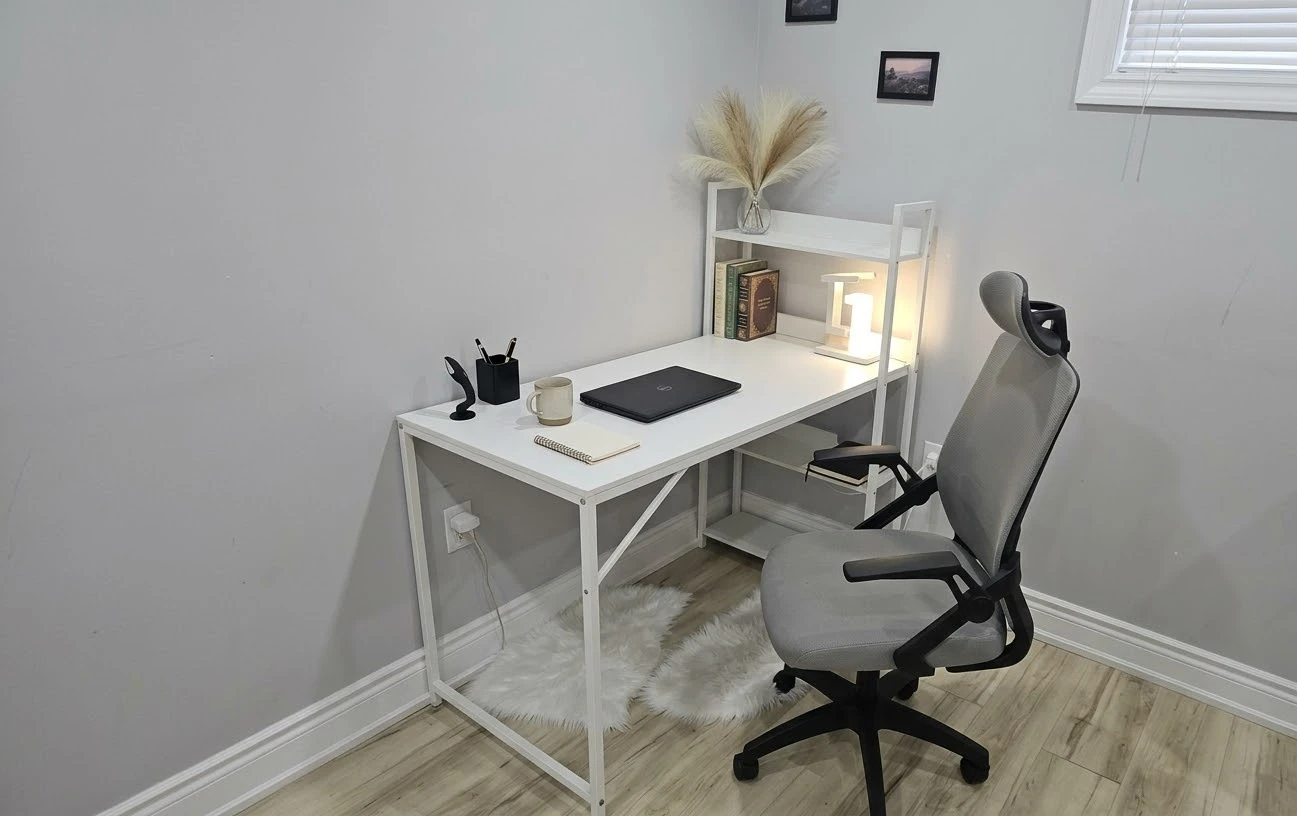 White Computer Desk with Attached Shelving with Office chair
